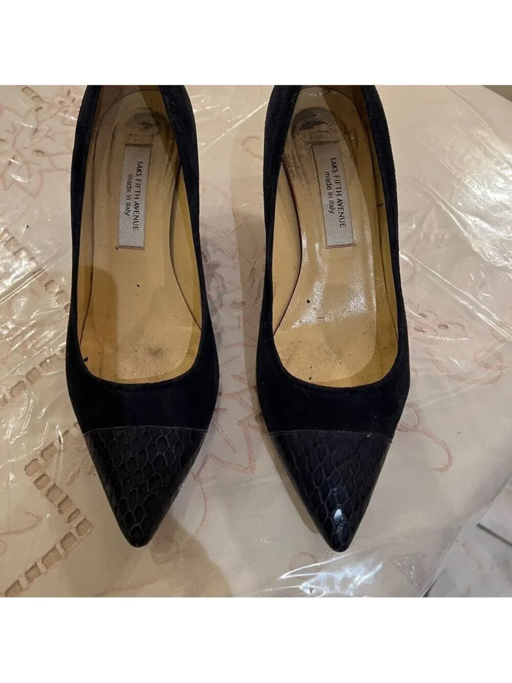 Saks Fifth Avenue Navy Suede & Snakeskin Toe Cap Heels
